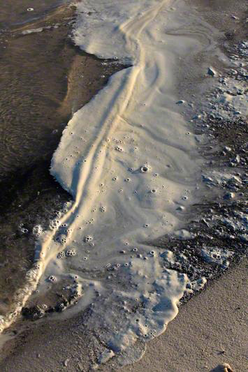 Foamy substance at Long Beach, Mississippi that contains oil and ethylene glycol.